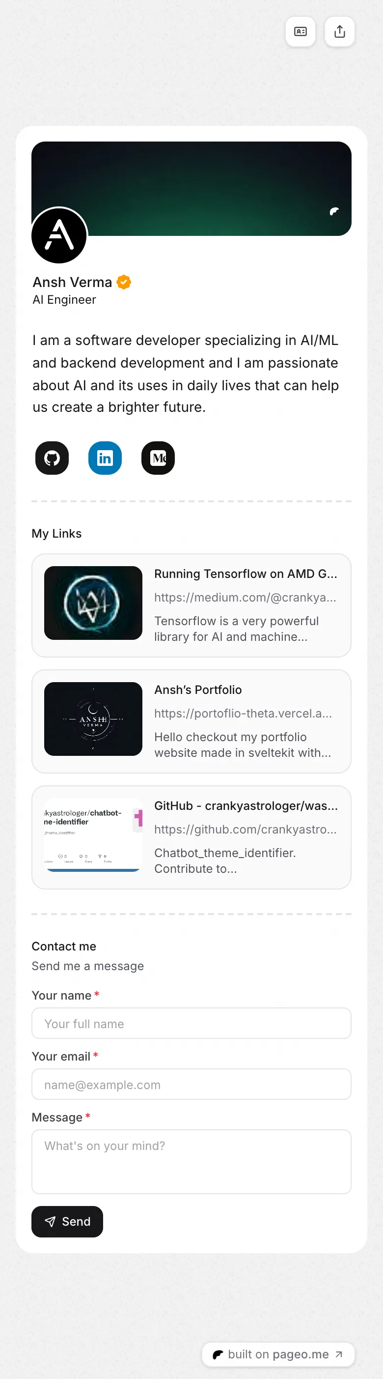 Ansh Verma's pageo page on a phone, from top to bottom