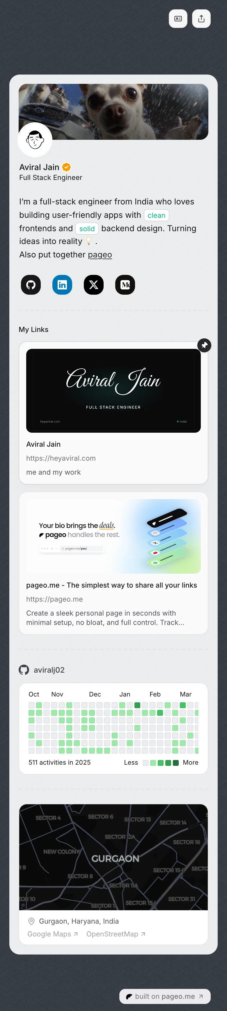 Aviral's pageo page on a phone, from top to bottom