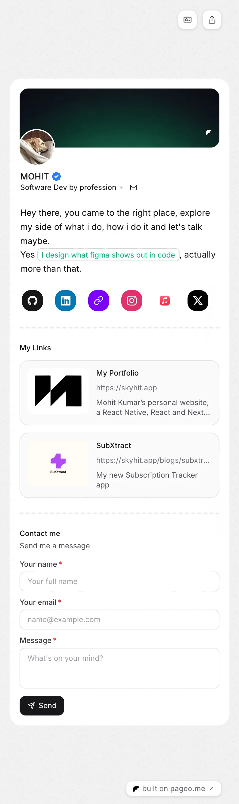 MOHIT's pageo page on a phone, from top to bottom