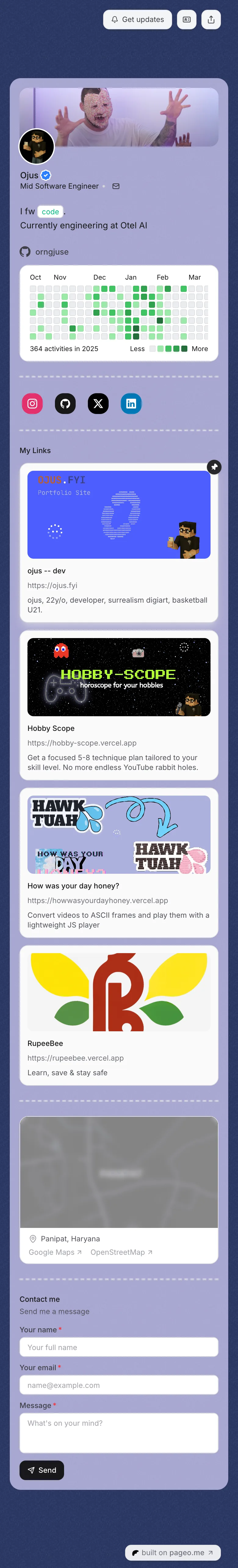 Ojus's pageo page on a phone, from top to bottom