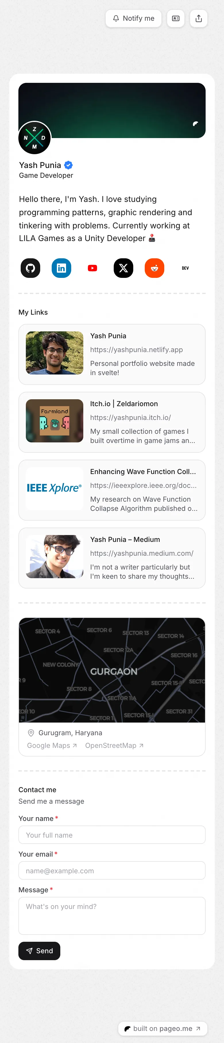 Yash's pageo page on a phone, from top to bottom