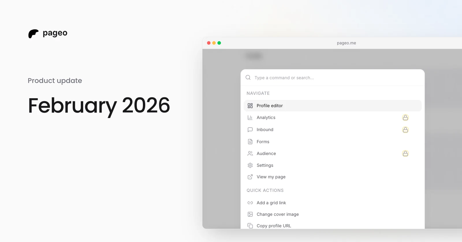 The pageo command palette open over the profile editor