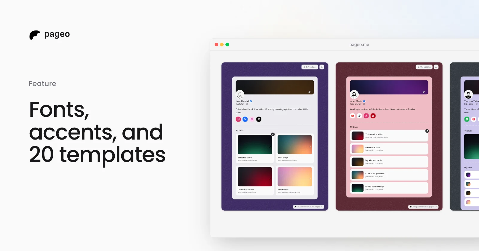 Three pageo templates side by side, each with its own colors, layout, and font