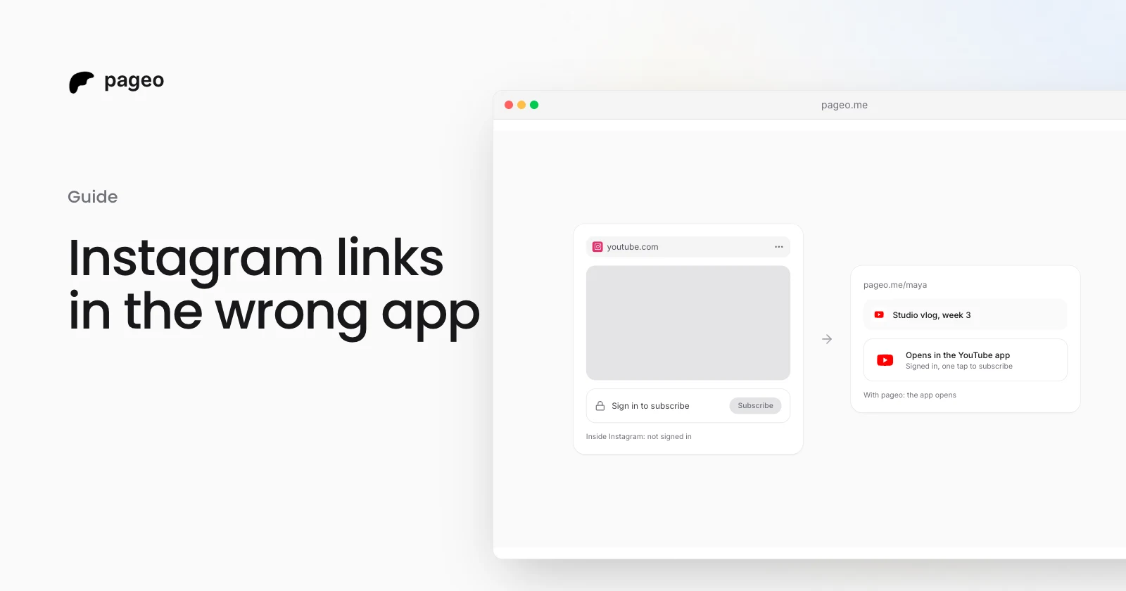 Inside Instagram, a YouTube page asks the visitor to sign in, while a pageo link opens the signed-in YouTube app