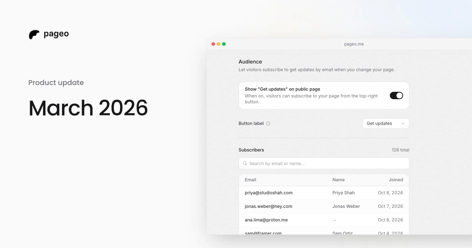 pageo audience settings with the subscribe toggle and a list of subscribers