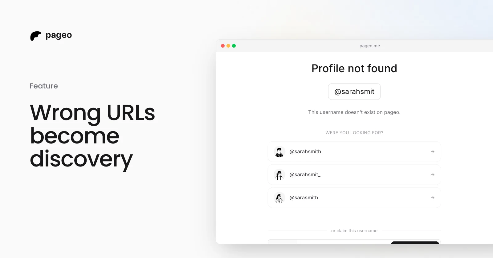 A mistyped pageo URL showing three similar profiles to pick from