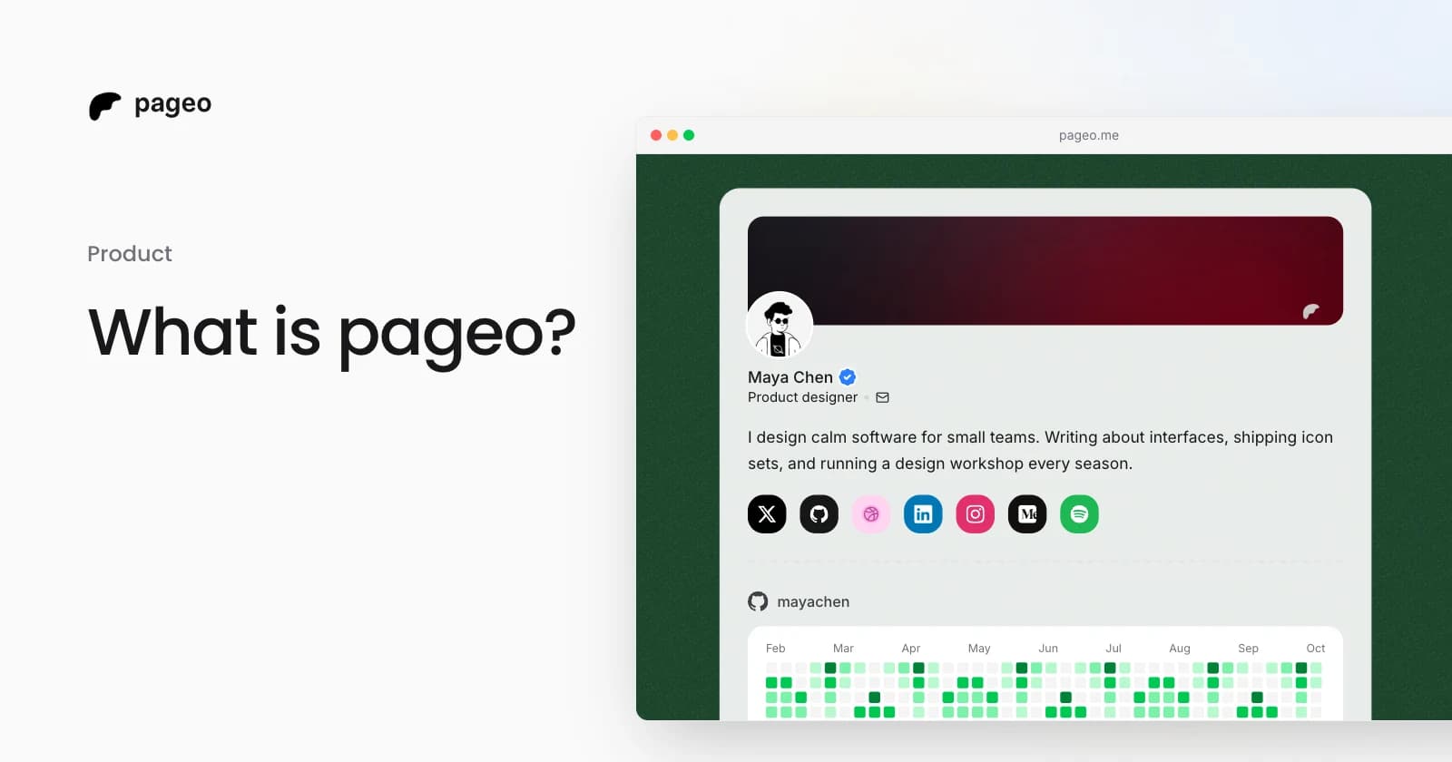 A pageo profile with social links, a GitHub activity graph, and a grid of links