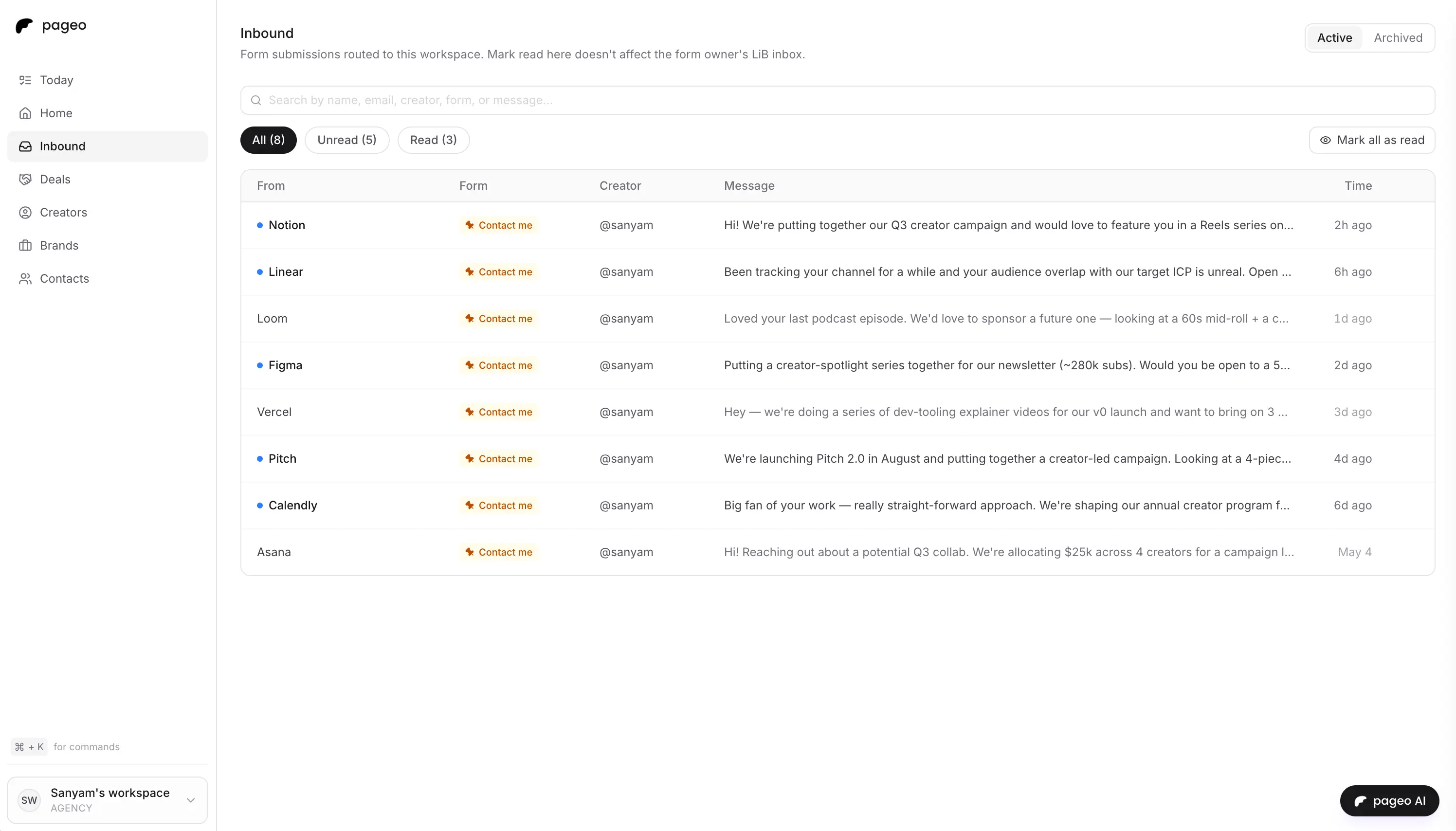 pageo CRM inbox listing recent brand inquiries