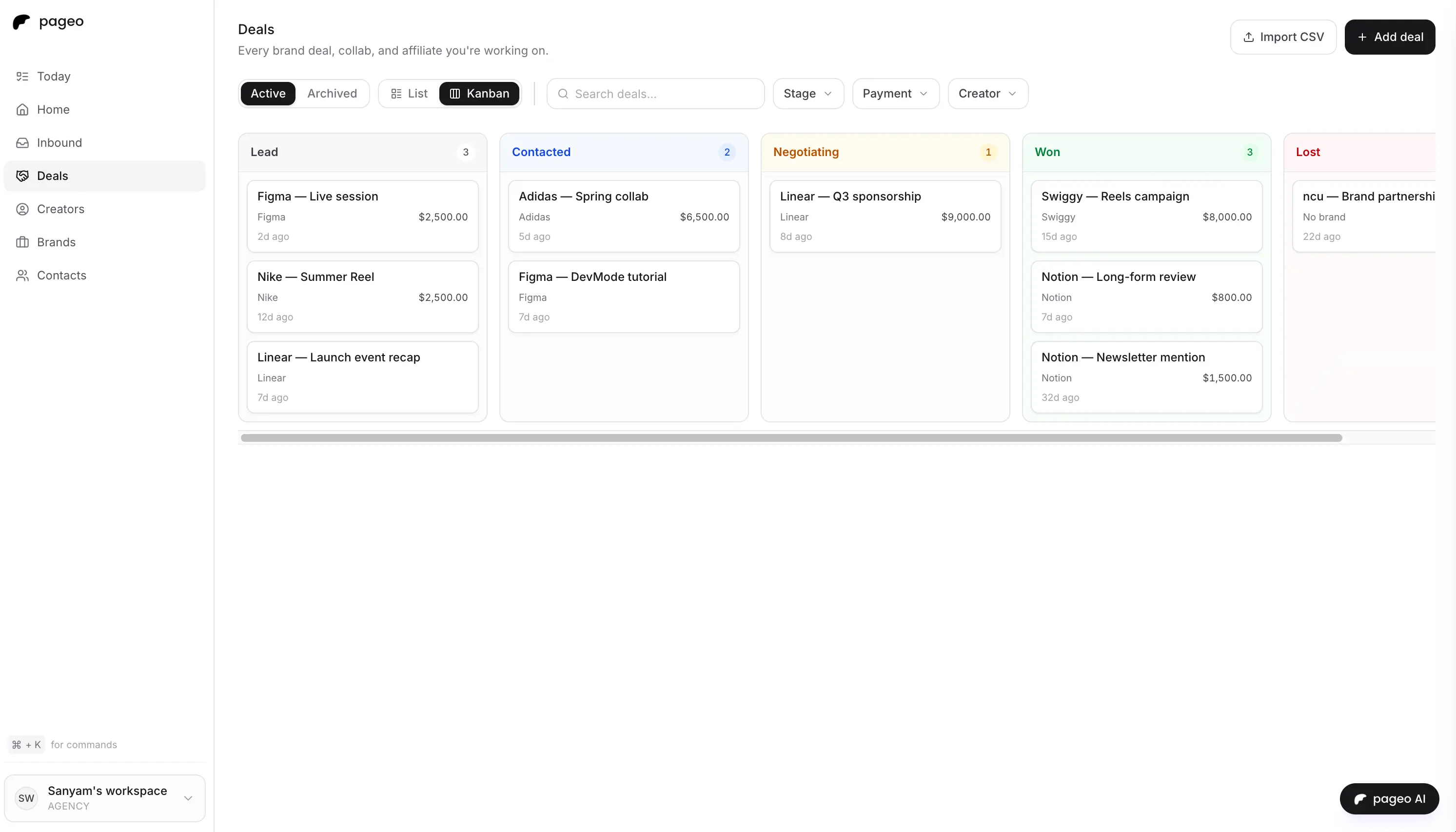pageo deal pipeline view across stages and creators