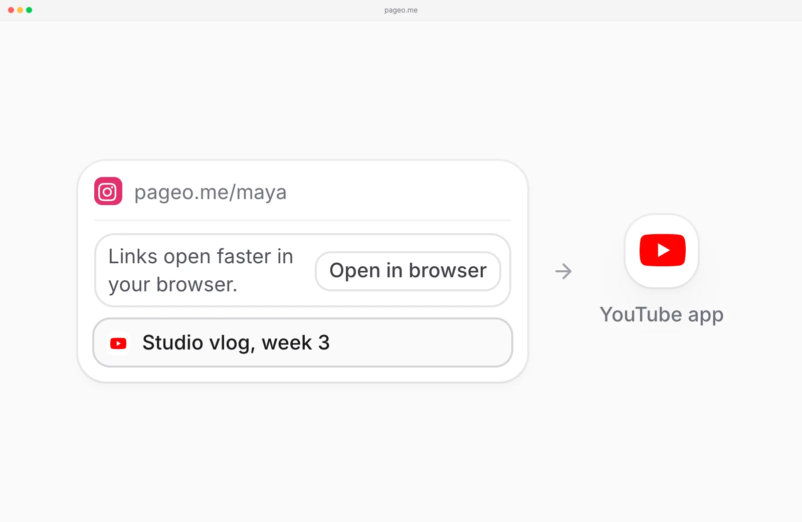 A pageo page inside Instagram with a note to open it in the browser, and a YouTube link opening the YouTube app