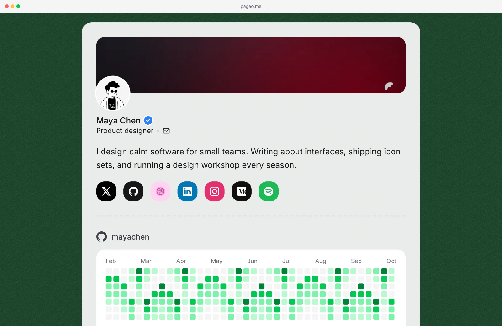 A pageo profile with social links, a GitHub contribution graph, and pinned grid links